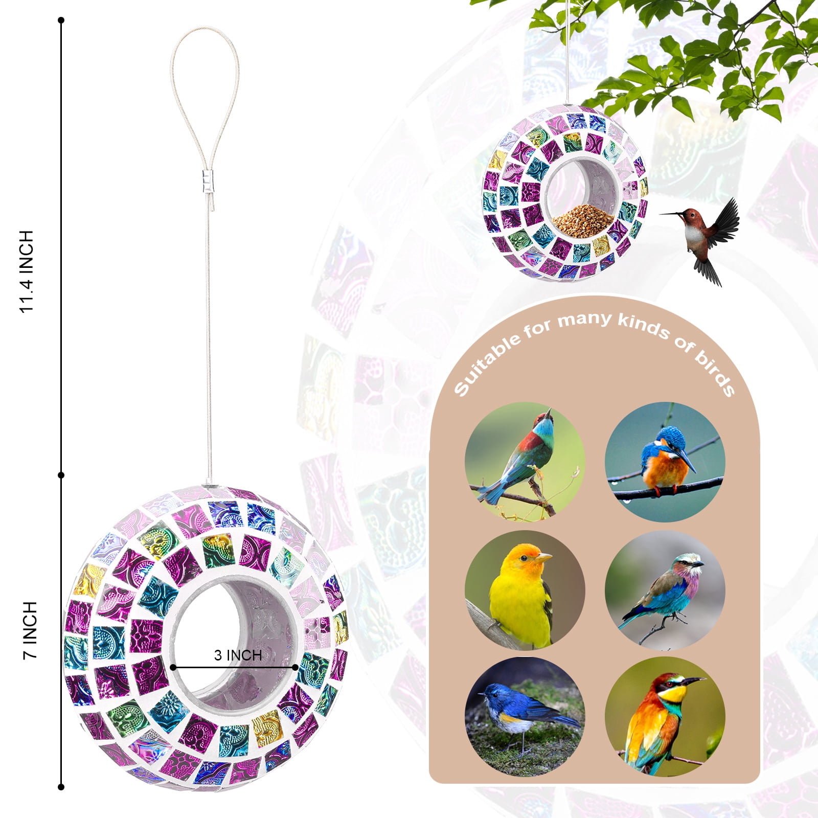 Mosaic Fly-Through Bird Feeder – Colorful Circular Hanging Feeder,Outdoor Bird Feeder,Decorative Outdoor Accent for Garden, Patio & Bird Watching
