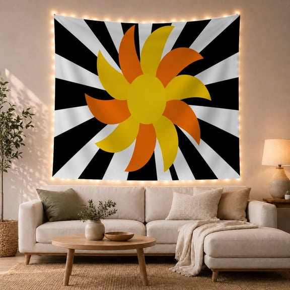 Stylized Sun Motif Against Black & White Radiating Stripes, Energetic Retro for Graphic Art Lovers, Bold Colorful Wall Art, Housewarming Gift, Tapestry Wall Hanging for Living Room and Dorm