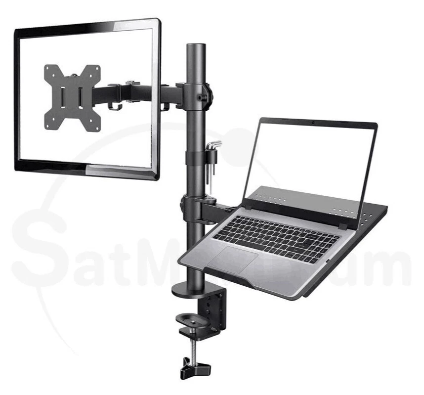 Dual Monitor Stand with Laptop Tray, Adjustable Desk Mount Arm for 13"-32" Screens, 2-in-1 Computer Monitor Riser, Height Tilt Swivel Rotation for Home Office Ergonomic Setup