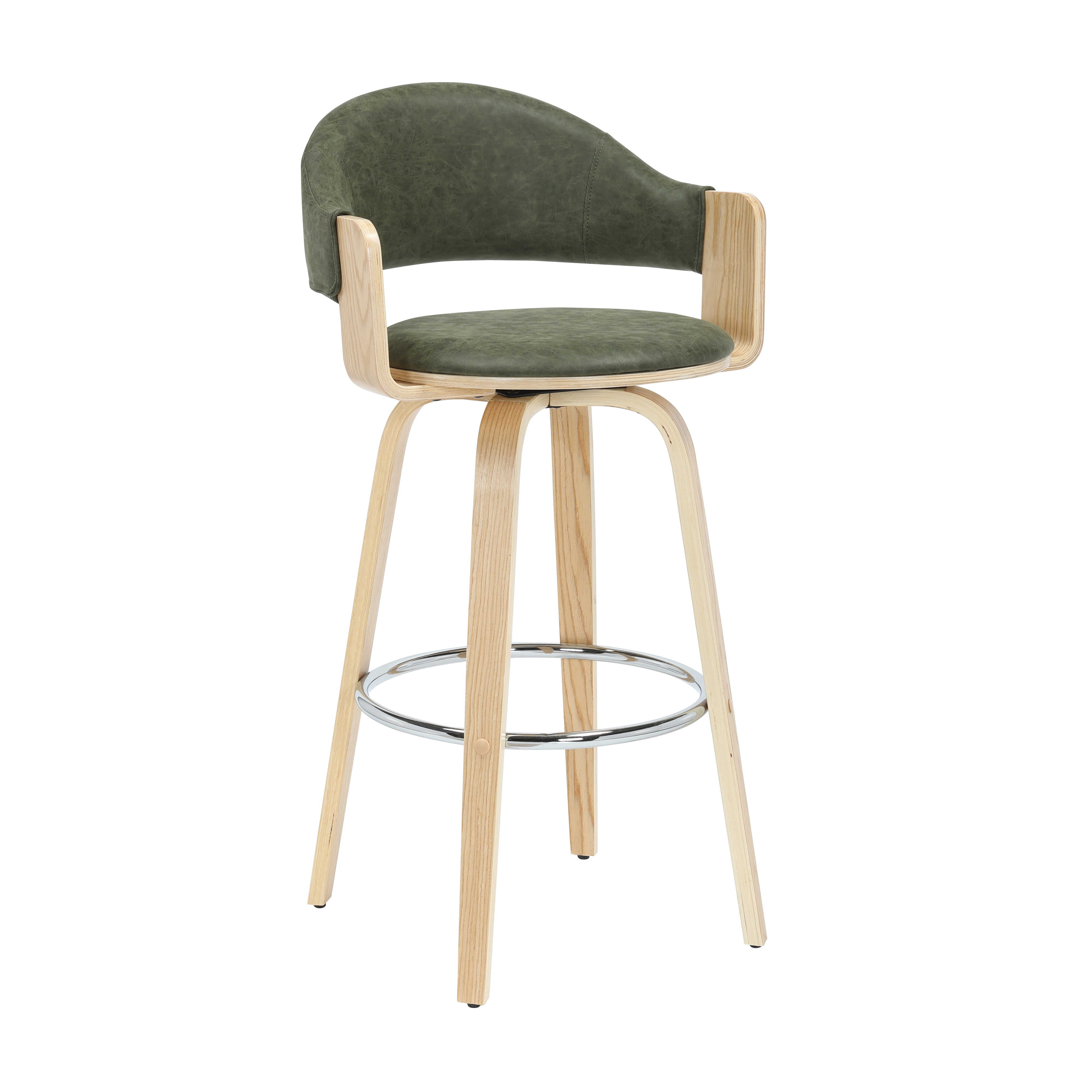 Daxton 40 in. H Swivel Bar Height Vintage Green Round Back Wood Bar Stool with Faux Leather Seat Set of 4
