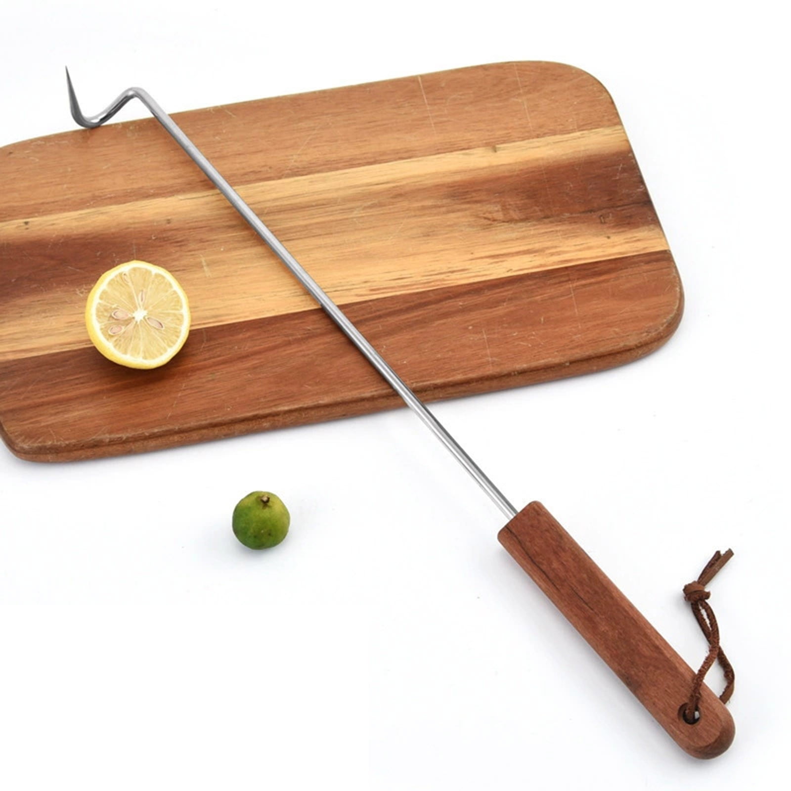 Lumxatz Stainless Steel BBQ Meat Turner Hook with Wooden Handle, Pigtail Food Flipper and Grill Accessory for Barbecue Griddle and Kitchen Cooking, A