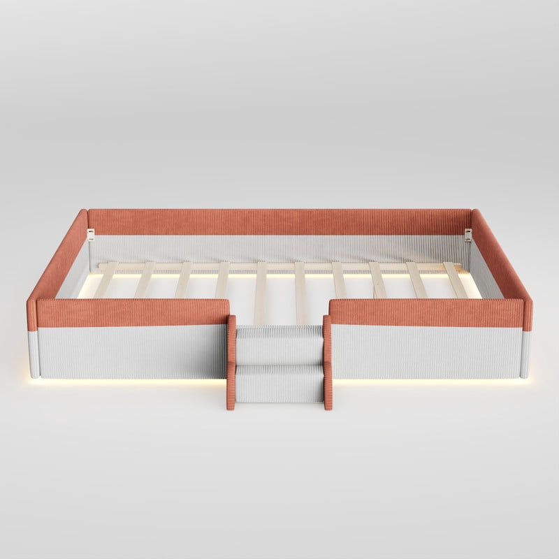 Queen Size Upholstered Floor Bed with Fence, Corduroy Montessori Bed Toddler Bed with 2-Tier Steps and Smart LED Lights, Low Profile Platform Bed for Kids