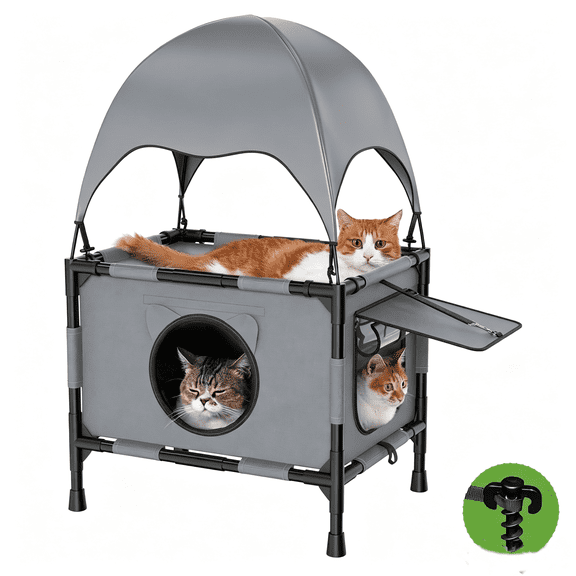 Areker Dual-layer Tent Cat House for Outdoor & Indoor Use, Elevated Oxford Cat Shelter with Canopy & Reversible Mat, Breathable, Water-Resistant for Multiple Cats Patio Yard Camping