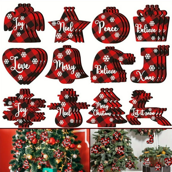 Dalrosia Christmas Buffalo Plaid Ornaments Christmas Tree Wooden Hanging Decor Black and Red Wooden Christmas Ornaments Reindeer Snowman Plaid Christmas Tree Decorations