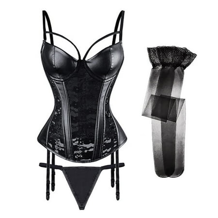 

Varsbaby Sexy Corset Leather Lingerie for Women Gothic Black Bustiers & Stocking
