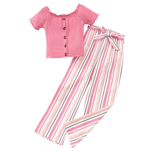 Yuncity Kids Outfit Short Sleeve Crew Stripe Tops With Pants 2 Pieces Set Summer Relaxable Daily Wear Girls Clothes Set Size 7-8 Years Pink