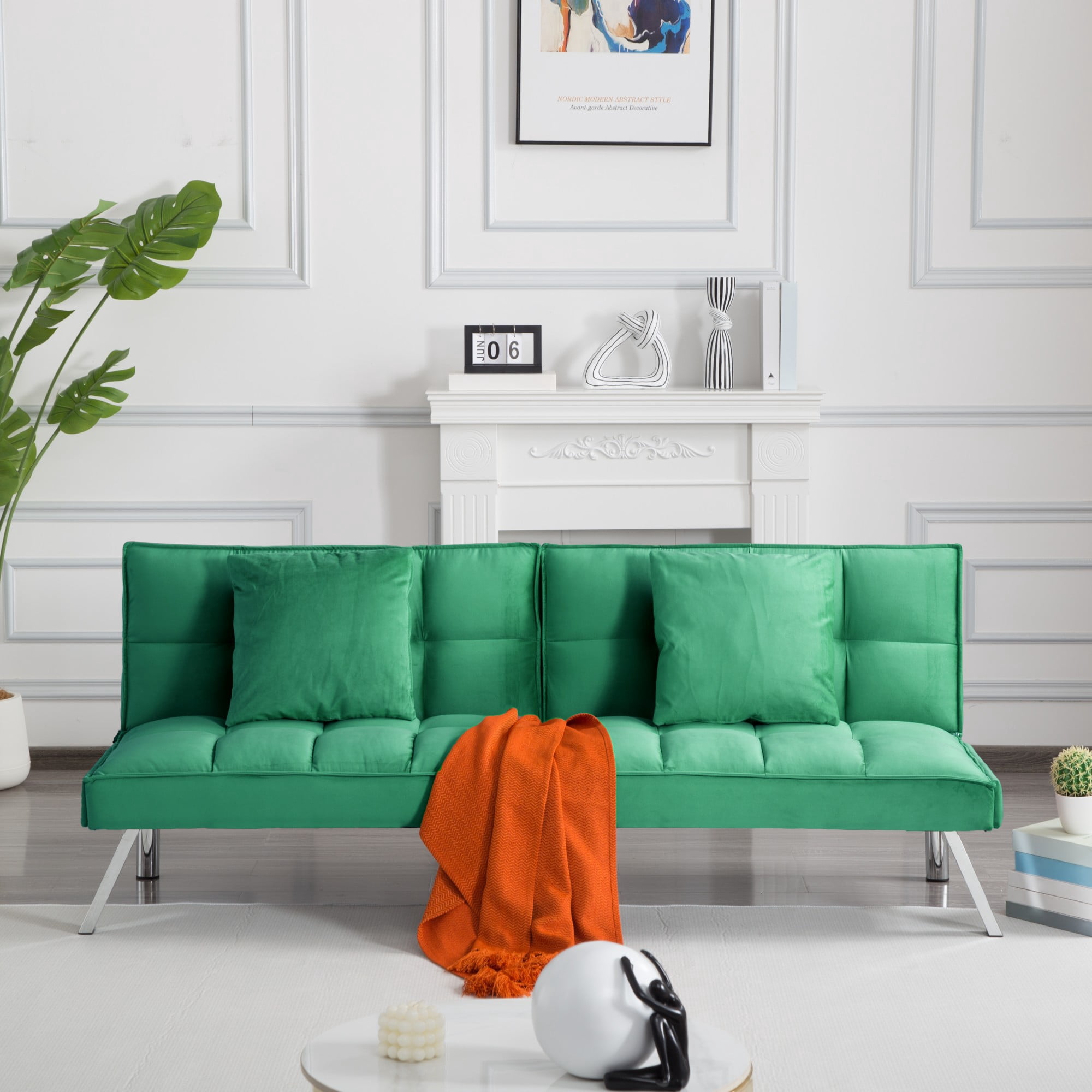 Gewnee Green 67.7” Twin Convertible Sleeper Sofa, Velvet Tufted Split-Back with 2 Toss Pillows for Home Office