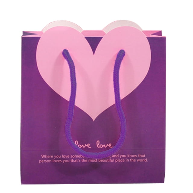 Bolsas de regalo de papel con forma de corazón y asas, ideales para compras, fiestas de cumpleaños, 22 x 17 x 10 cm (morado/color del asa al azar).