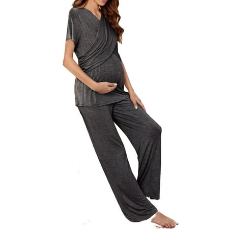 

Maternity Loungewear Casual Plain V neck Pant Sets Dark Grey M