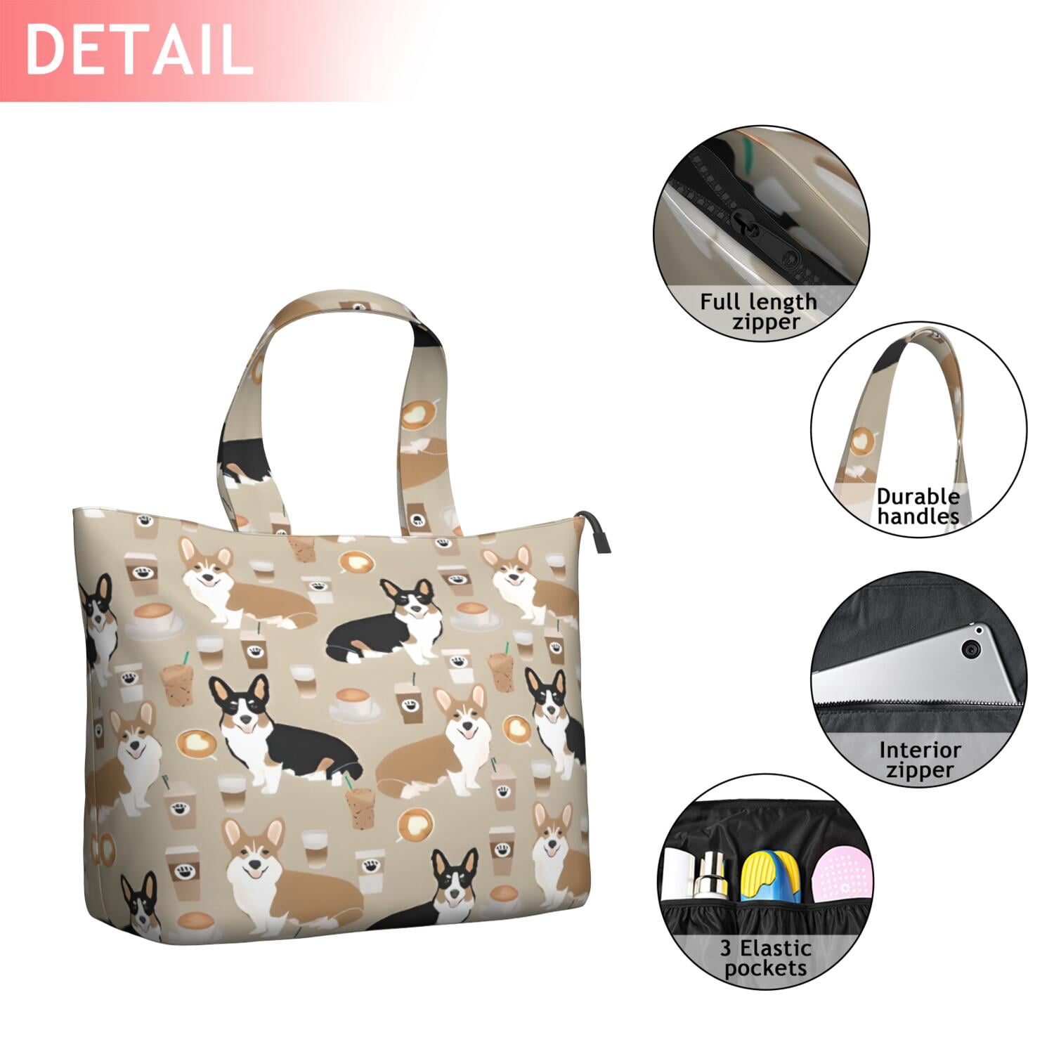 Cartoon Corgi and Coffee Travel Tote Bags for Women Carry On,Large Weekender Bags for Women Travel,Multi Functional Duffle Bag for Work,Shopping,Sports