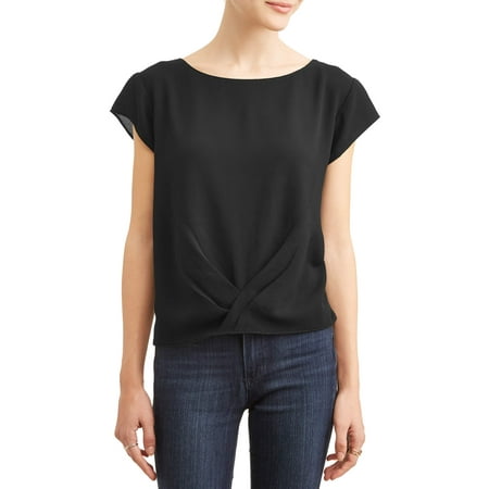 Juniors' Twisted Front Cap Sleeve Hi-Low Tunic Blouse