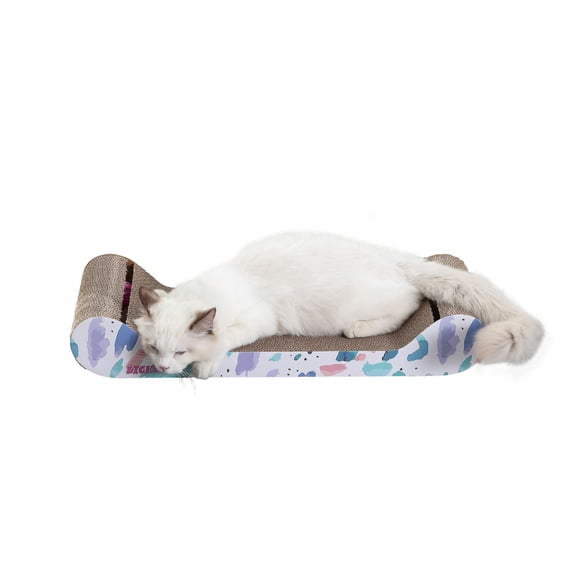 THE LICKER STORE Rini 23.75" Modern Cardboard Lounge Bed Cat Scratcher with Built-In Bell Toys and Catnip, White/Multi, CSR1003A