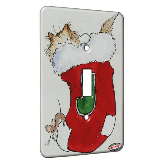 KuzmarK™ Single Gang Toggle Switch Wall Plate - Maine Coon Kitty and Mouse JOY Set Christmas Stocking J Cat Art by Denise Every