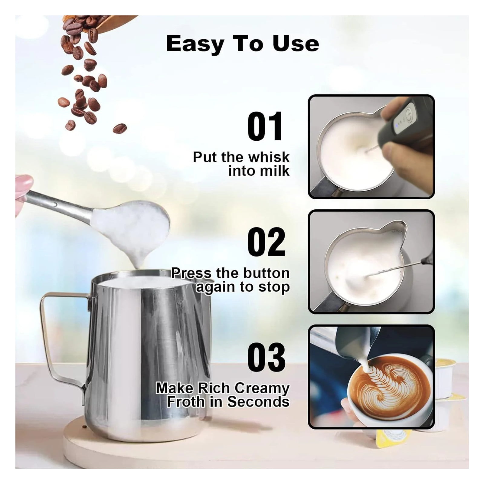 Wireless Milk Frother Electric Type-C Handheld Blender Stainless Steel Mini Coffee Maker Whisk Mixer