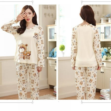 

Final Clearance! Women s Cartoon Print Long Sleeves Autumn Winter Pajama Sets Sweet Loose Sleepwear