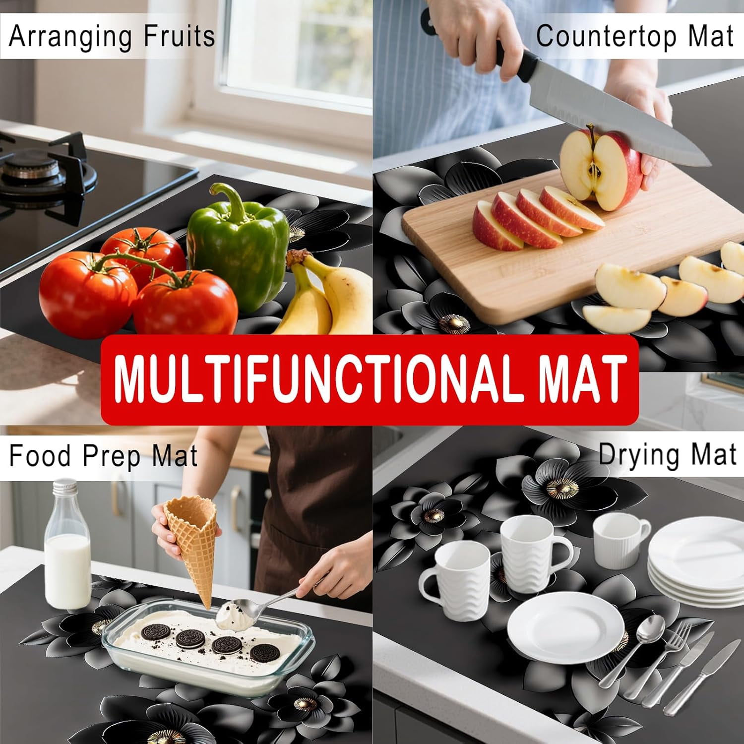 Stove Top Cover Polyester & Diatom Mud Blend 28.35×20.47inches (Black Gray Floral 3D-Look Design) Stove Top Cover for Kitchen, Ideal for Minimalist Decor, Cooking Areas, Home Styling