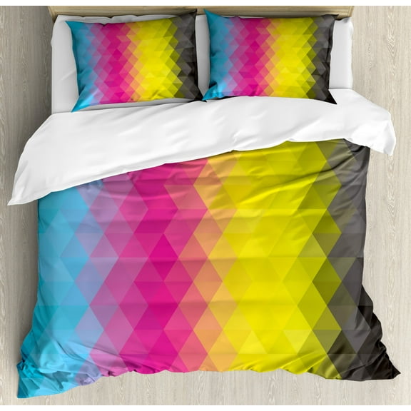 Abstract Duvet Cover Set Queen Size, Colorful Geometric Vertical Pattern Artistic Modern Mosaic Design Illustration, Decorative 3 Piece Bedding Set with 2 Pillow Shams, Multicolor, by Ambesonne