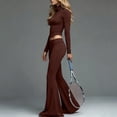 thumbnail image 7 of Idoravan sets for women clothing two piece casual Women Solid Color High Neck Long Sleeves Low-rises Bells-bottoms Suit, 7 of 7