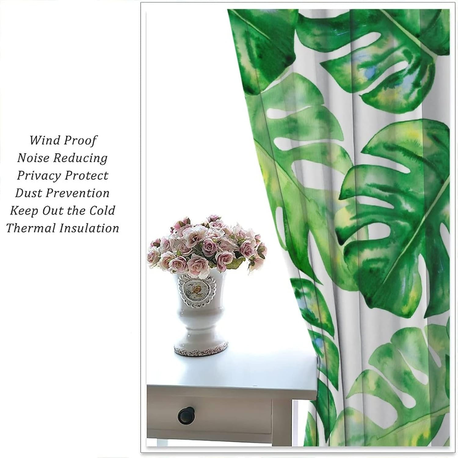 Tropical Green Plant Curtain Watercolor Botanical Banana Leaf Blackout Print Rod Pocket Window Drapes for Bedroom Living Room 42x54in