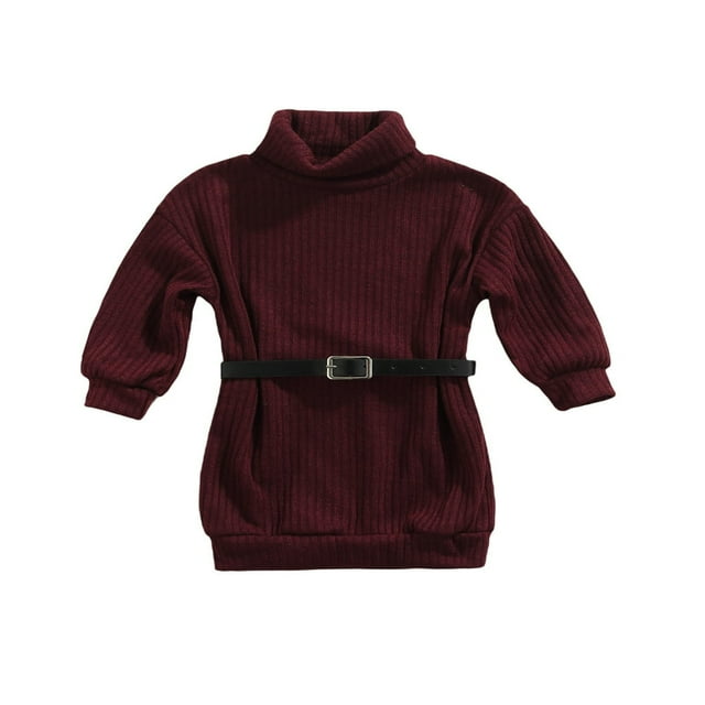 Robe Chandail pour Bébés Filles Hiver Automne Col Roulé Manches Longues Tricotée avec Ceinture Verte 6-7 Ans