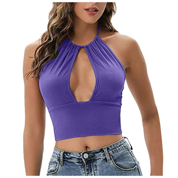 vigerkar Women's Sexy Criss Cross Halter Neck Crop Tops Trendy Sleeveless Y2K Nightout Clubwear Tank Tops Purple, S