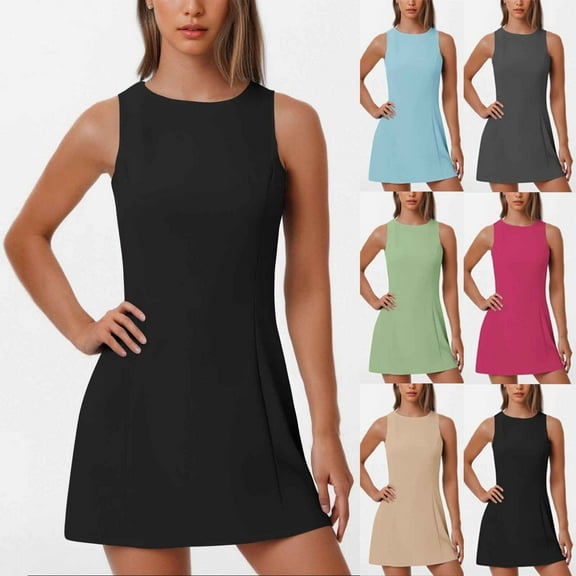 Summer Dresses for Women 2025, Woman Fashion Comfortable Summer Solid Color Sleeveless Round-Neck Dress(Black,S)