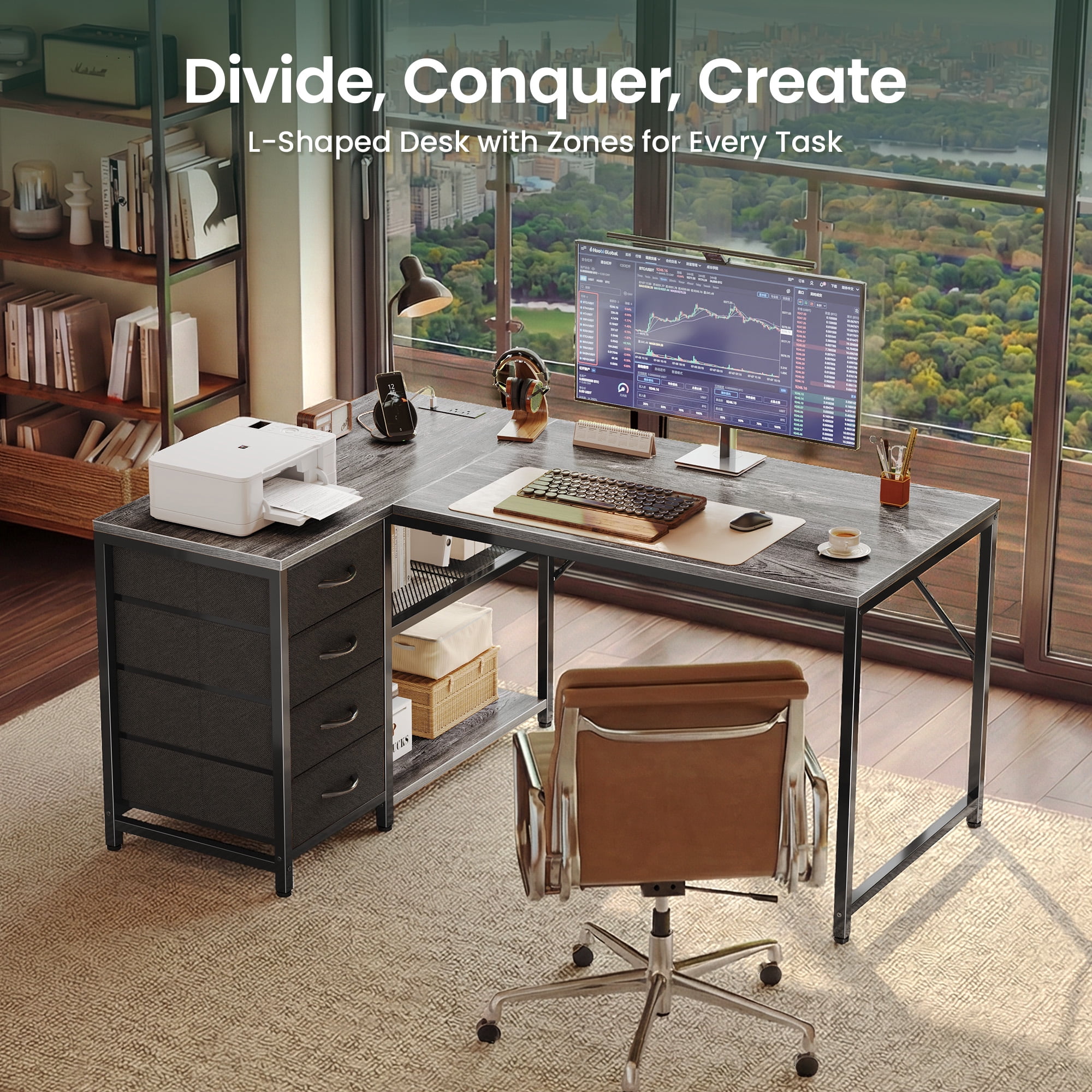 Amadwell 43 Inch L Shaped Desk with Power Outlets & Drawers, Reversible L-Shape Computer Desk