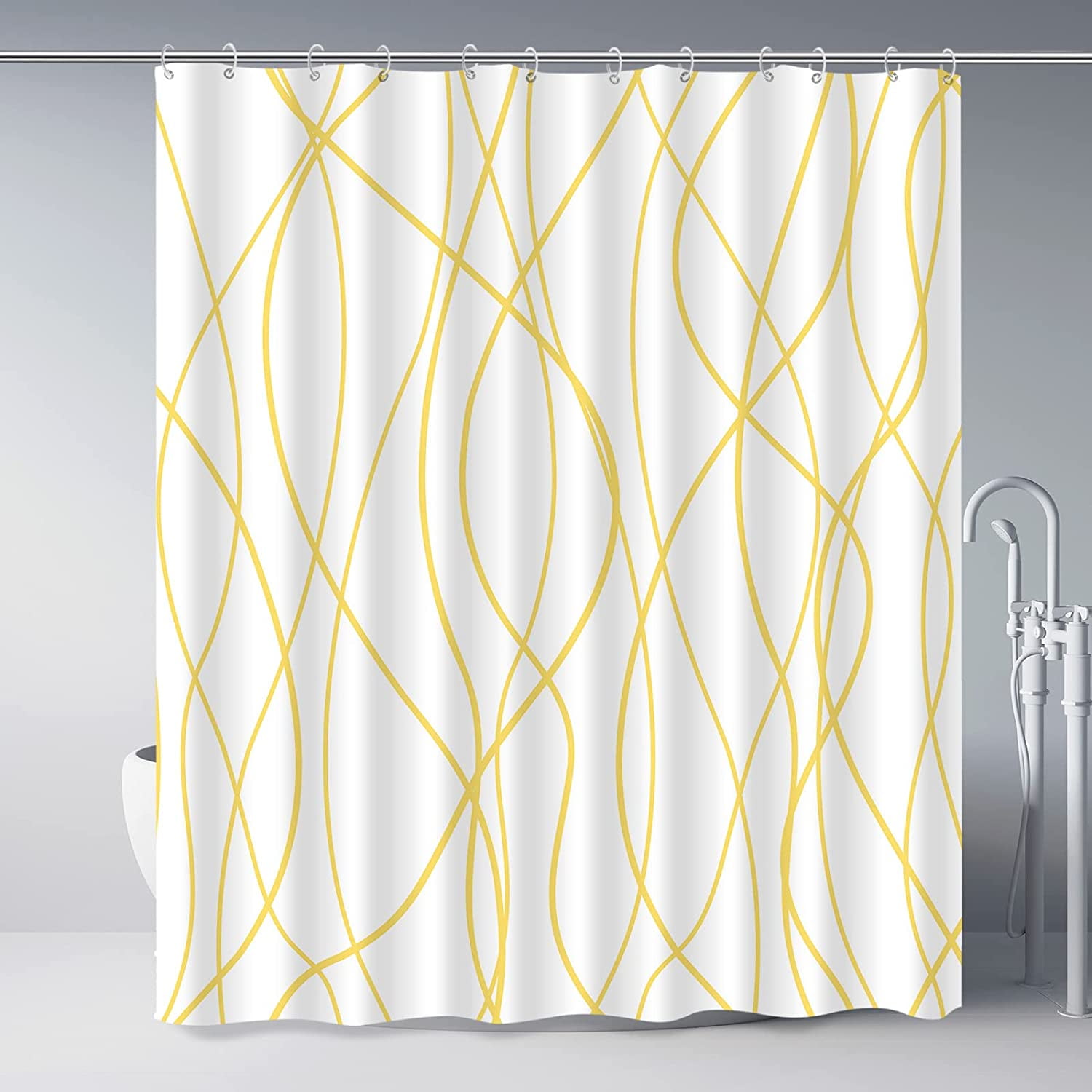 Yellow Shower Curtain for Bathroom with Hooks,Shower Curtain Set Stripe ...
