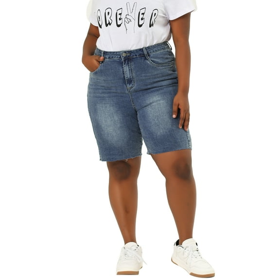 Unique Bargains Women's Plus Size Denim Shorts Slash Pocket Capri Jeans