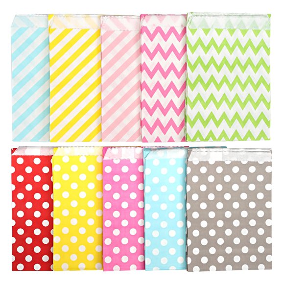 Kesoto Multicolored Biodegradable Paper Candy Cookie Bags Food Safe Treat Bags for Parties - 100 Count Assorted, 6x5 in (Random 10 Colors and 3 Styles)