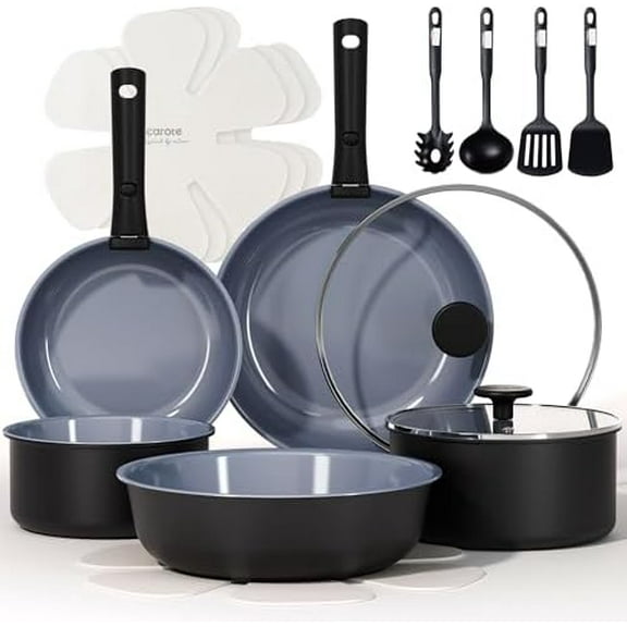 17PCS Ceramic Cookware Sets, Black and Gray, Pots and Pans Set Non Stick Non Toxic, Induction Cookware, Kitchen Cookware Sets, Pots Set for Healthy Cooking