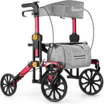 All-Terrain Rollator Walker for Seniors with Seat and Backrest Cane Holder 10" Front Wheels 8" Rear Wheels, Height Adjustment Foldable Rolling Walker 300 lbs Brakes Large Capacity (Red)