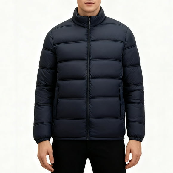 hoksml Men's Fashion Solid Color Puffer Jacket Stand Collar Insulated Winter Coat with Zip Pockets