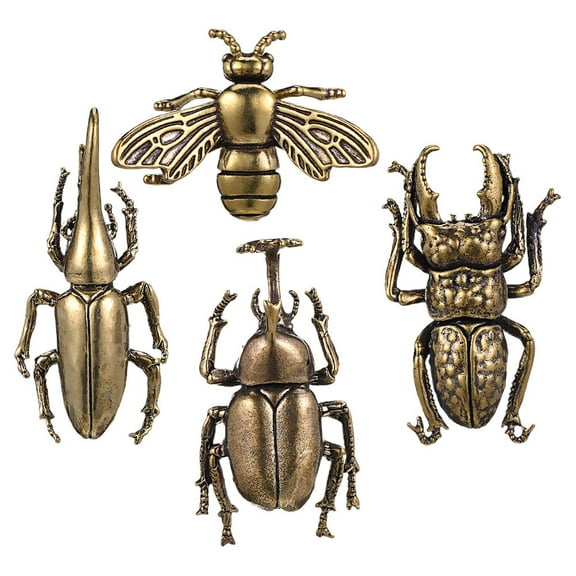 OULII Set of 4 Golden Brass Insect Figurines, Decorative and Beetle Sculptures for Home and Office Display