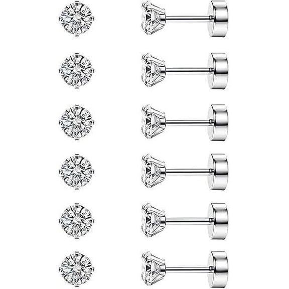 Knubmt 6 Pairs 316L Stainless Steel Flat Back Stud Earrings 14K Plated Cubic Zirconia Earring Stud for Women Men, Silver, 5MM