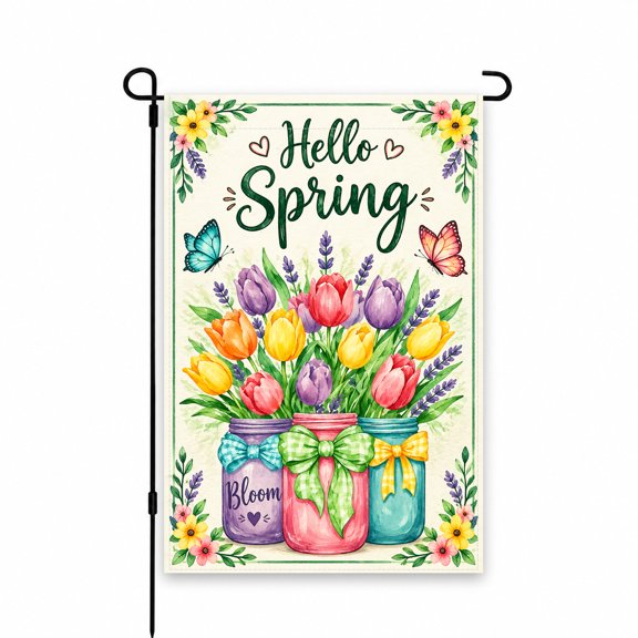 Hello Spring Garden Flag 12x18 Inch - Colorful Mason Jars with Tulips and Butterflies - Decorative Outdoor Yard Flag for Lawn, Patio, Porch, or Garden Decor