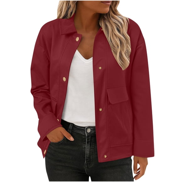 NTACZA Red Coats for Women Barn Windbreaker Bomber Jacket Lapel Collar Button Solid Streetwear Jacket for Women M