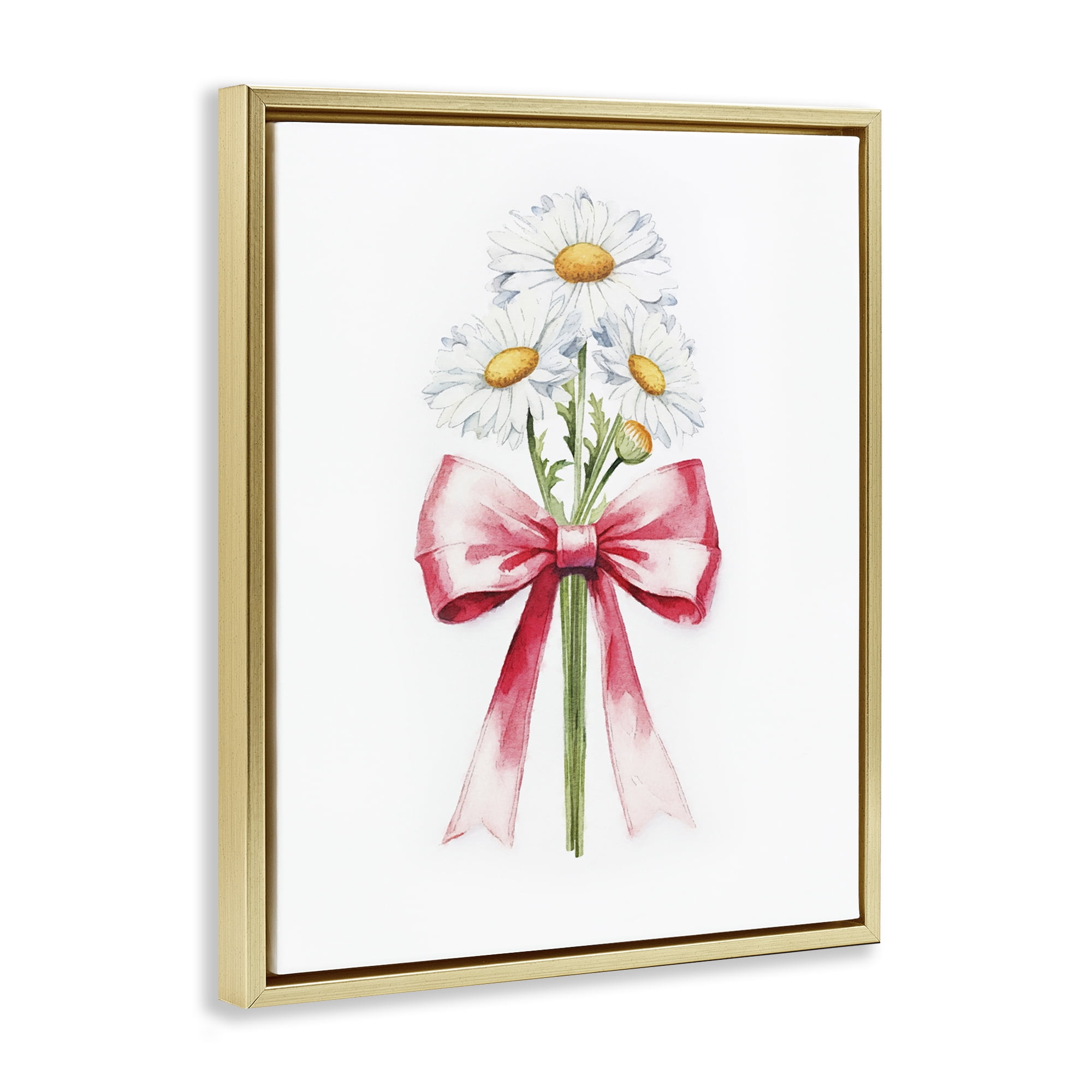 Stupell Industries Daisy Swathed Ribbon Plants & Flowers Painting Gold Floater Framed Canvas Art Print Wall Art, 17 x 21