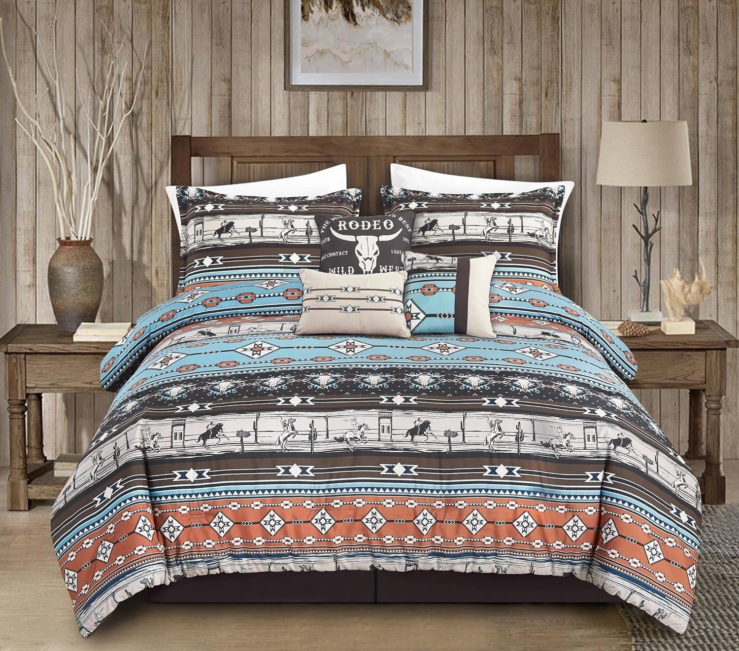 Chezmoi Collection Boone 7-Piece Southwestern Cowboys Rodeo Comforter Set, Multicolor Blue Brown Beige Clay Printed Washed Microfiber Bedding, California King