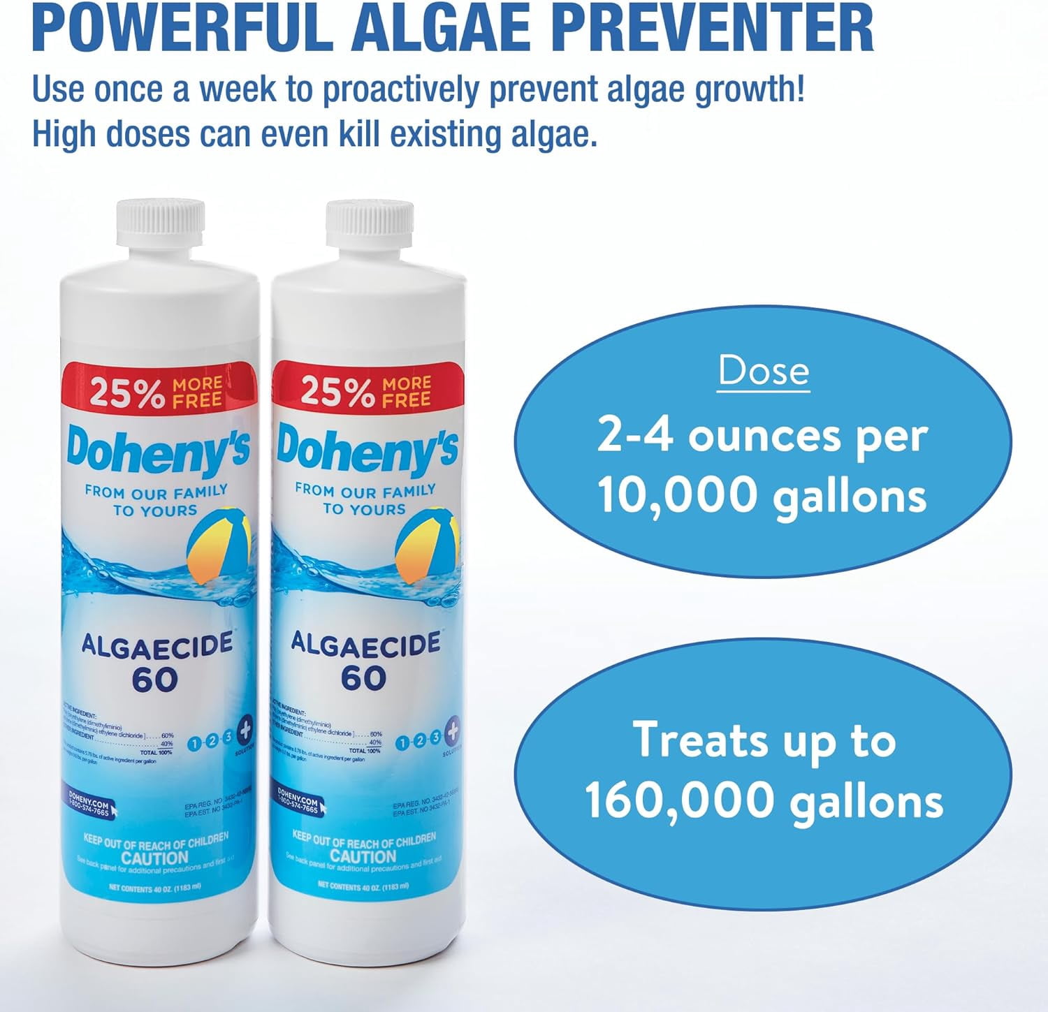 Doheny’s Algaecide 60 Pool Algae Preventative, Metal-Free Non-Foaming Formula, Prevents All Algae Types, Safe for Salt, Chlorine and Bromine Pools, Treats up to 160,000 Gallons, 40 oz Bottle