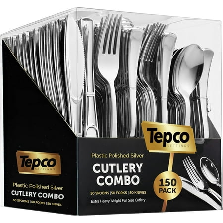 150 Silver Plastic Silverware Set - Disposable Flatware Cutlery - 50 Forks, 50 Spoons, 50 Knives - Heavy Duty Party Bulk