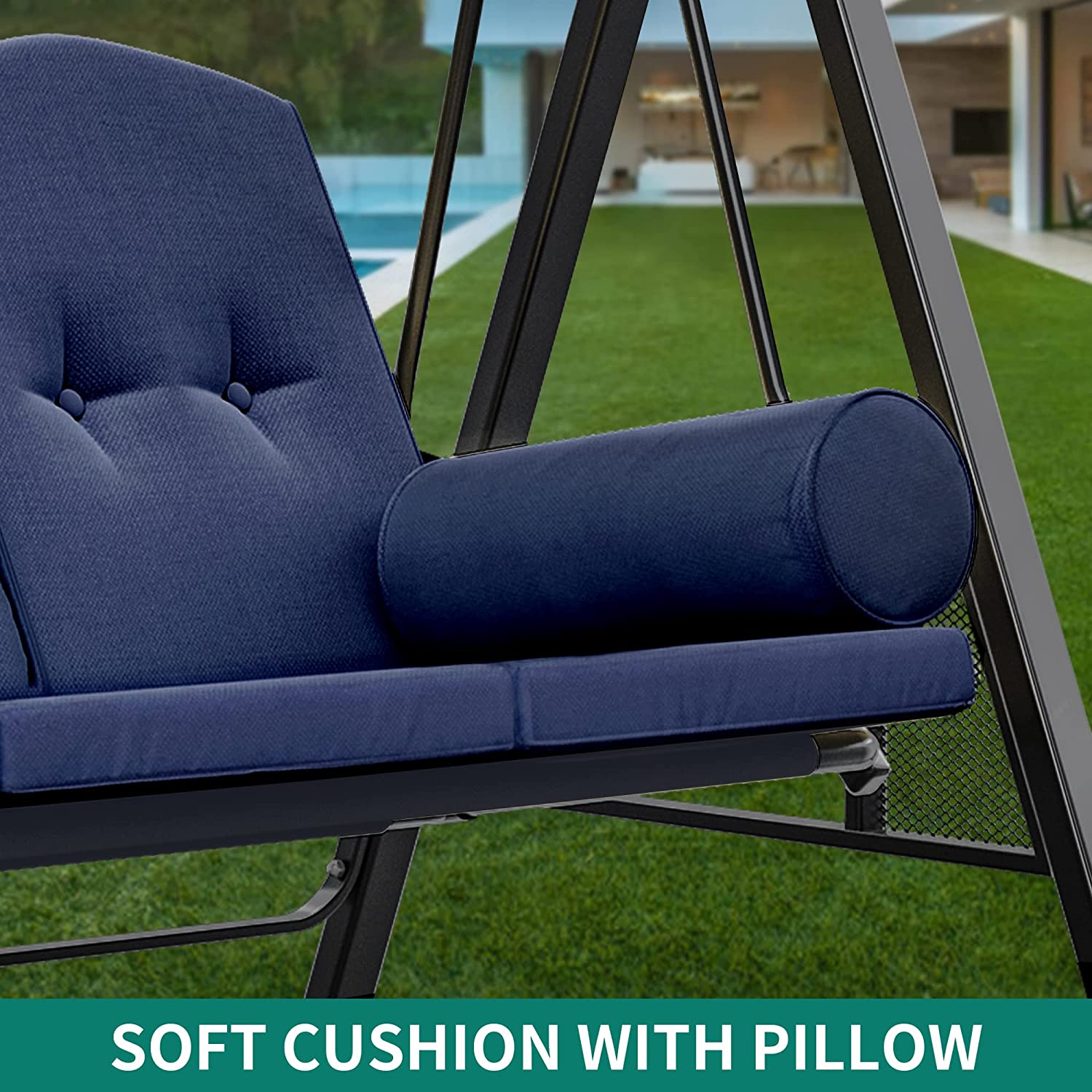 Dextrus Outdoor Patio Swing Chair, 3 Person Porch Swing with Adjustable Canopy, Removable Cushion,Suitable for Garden, Poolside, Balcony,(Navy)
