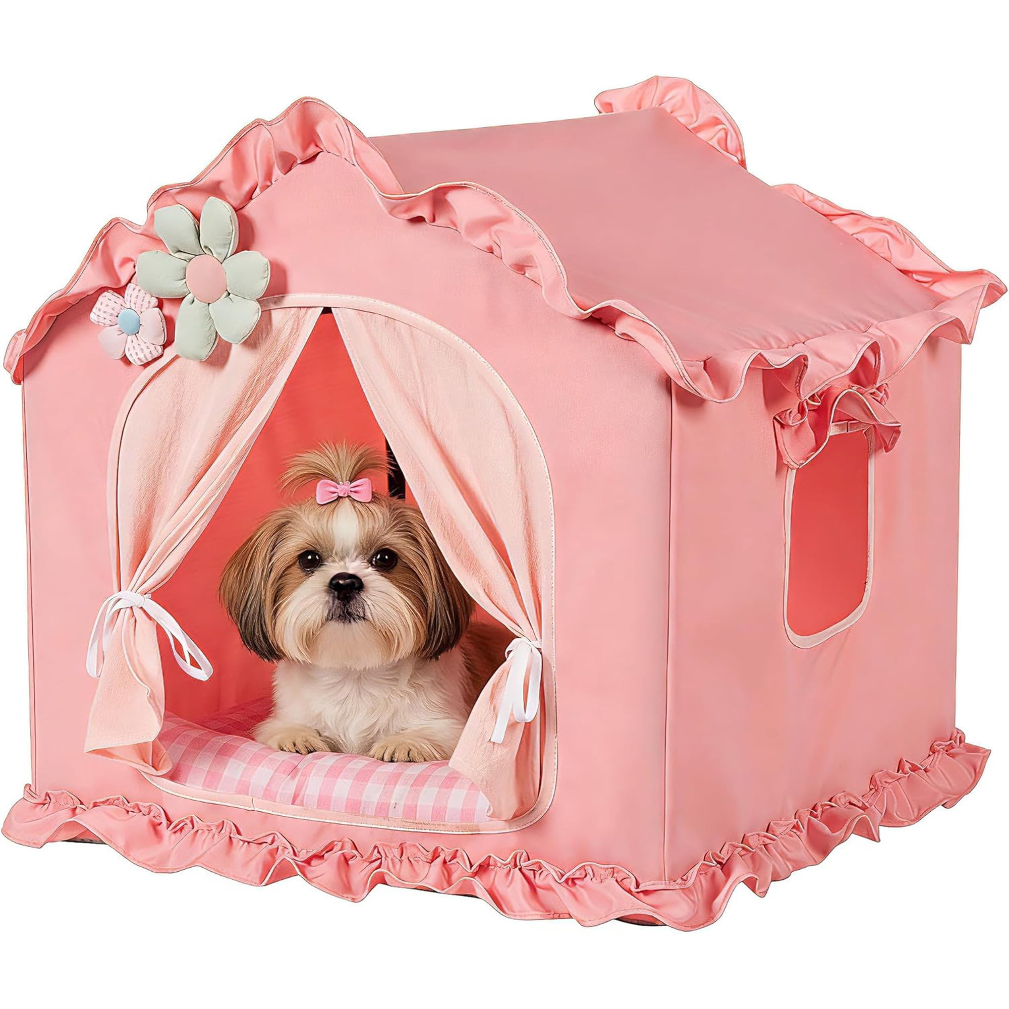 Pink Indoor Cat House with Frame Foldable Breathable for Small Dog | Princess Style, Washable & Removable Cover, Dog House Indoor, Cute Cat Tent with Cover Cave,Medium:17"x17"x17" for 8-20 lb