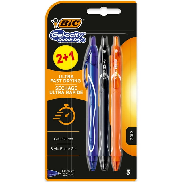 BIC Gel-ocity Rollerball Pens, Gel Ink, Medium Point, 0.7mm, Assorted Ink Colors, 3 Count