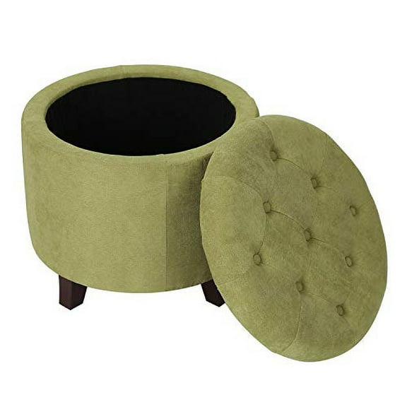 Homebeez Round Storage Ottoman Button-Tufted Fabric Footstool with Removable Lid(Olive Green)