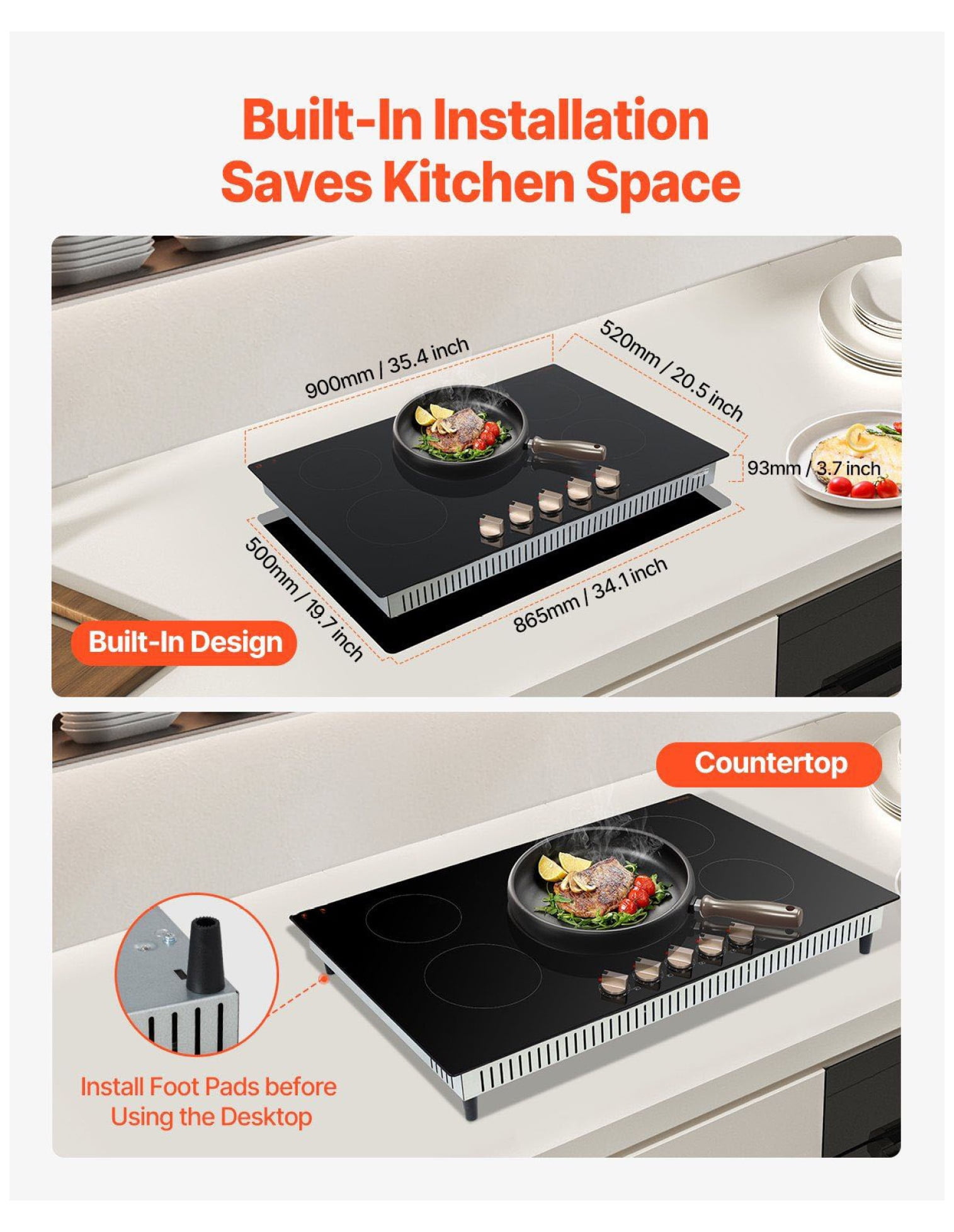 9200W 5 Burner Induction Cooktop - Electric Countertop Stove with Knob Control - 36 Inch Built-in Cooktop - Fast Heating & Safety Features