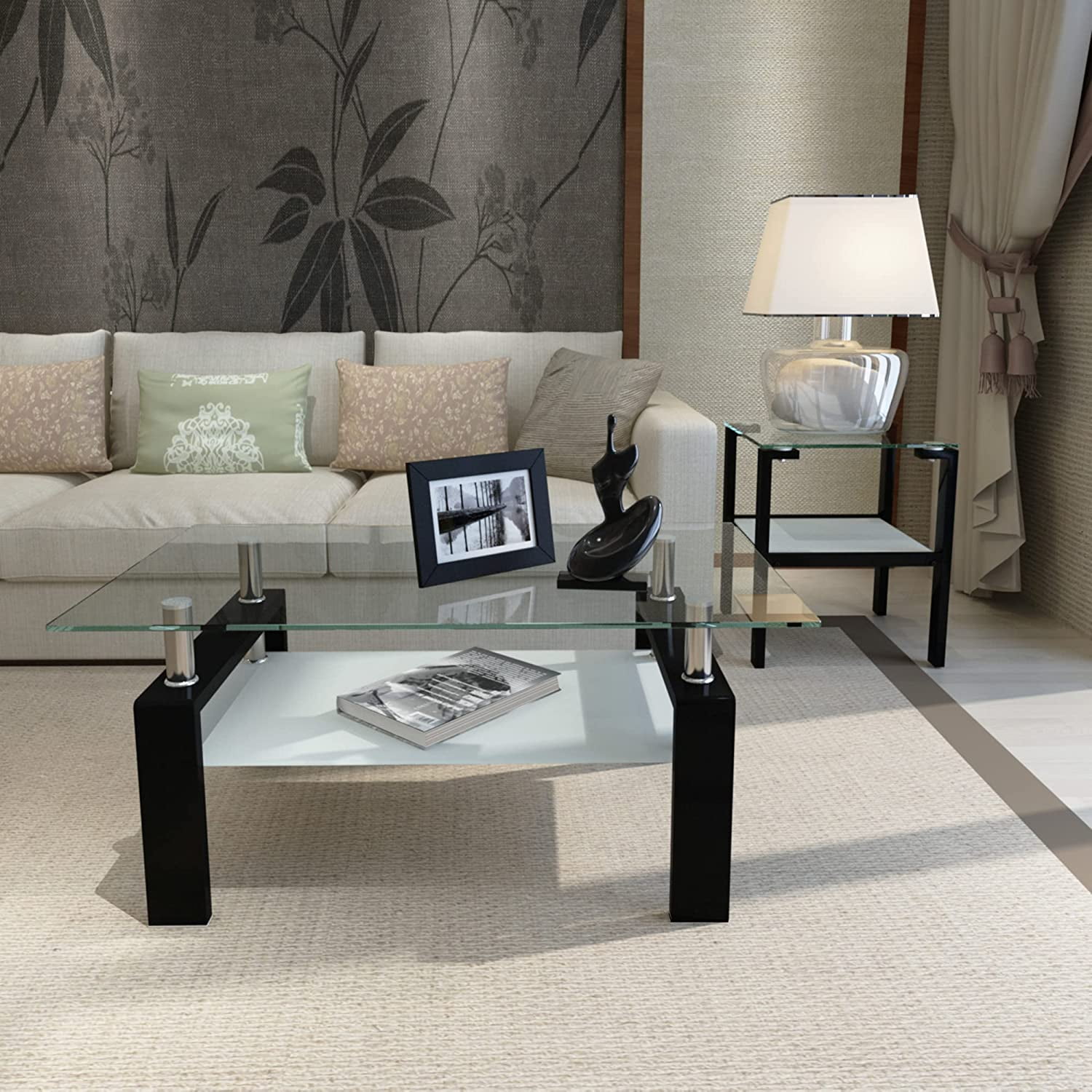 Holaki 3Piece Black Tempered Glass Coffee and End Table Set for Living