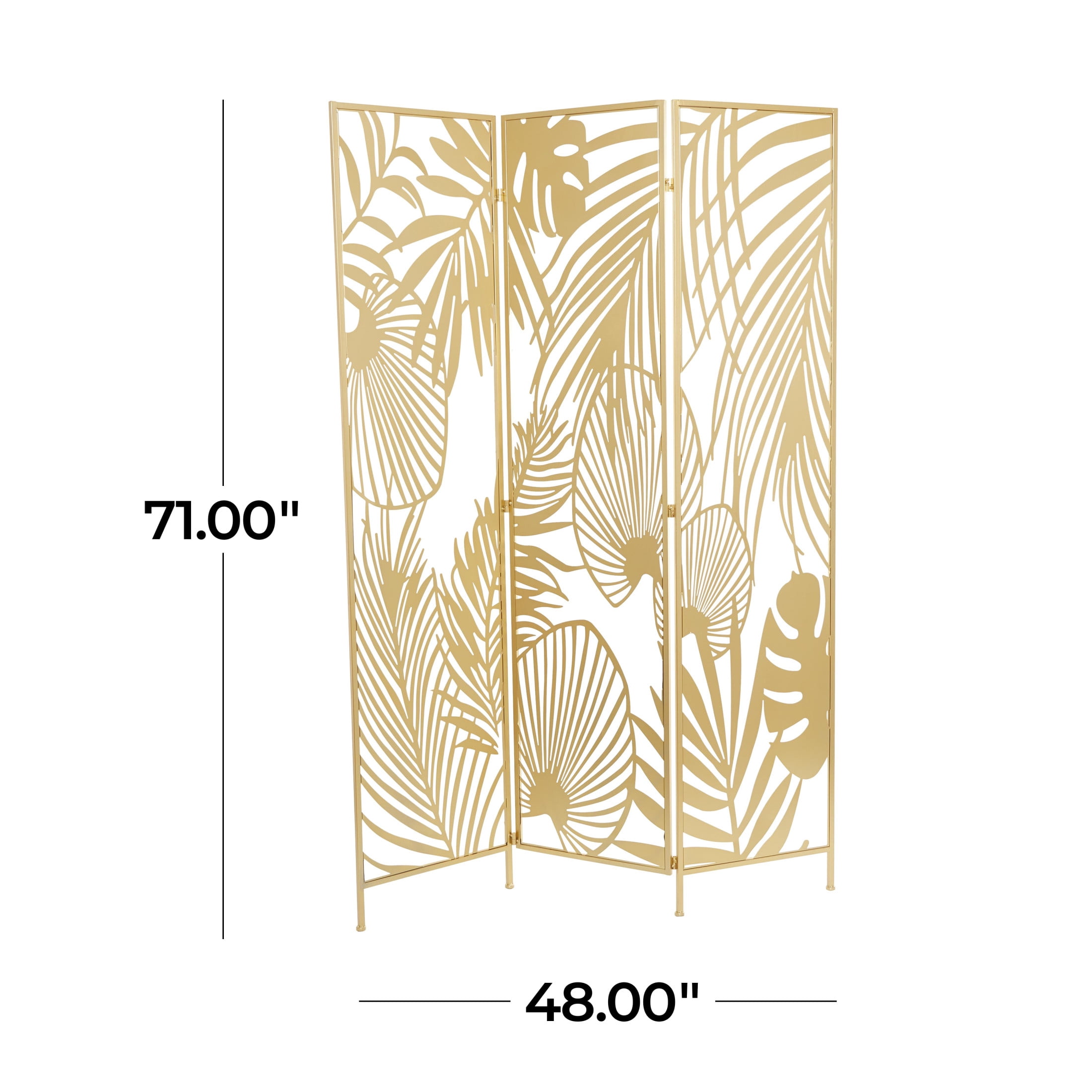 DecMode 48" x 71" Gold Metal Leaf Foldable Partition Cutout Palm Leaf 3 Panel Room Divider Screen, 1-Piece