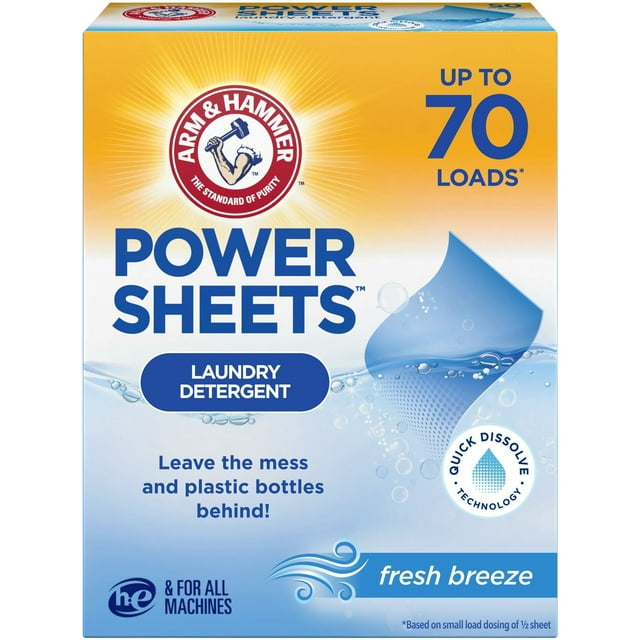 Box of ARM & HAMMER Power Sheets laundry detergent strips offering up to 70 loads with quick dissolve technology and fresh breeze scent in plastic-free packaging.