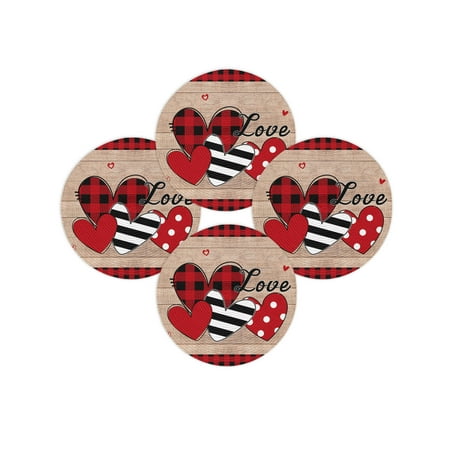 Valentine s Day Round Placemats Set of 4 Red Love Heart Place Mats Washable Woven Placemat Wood Grain Buffalo Plaid Circle Braided Table Mat for Kitchen Dining Table Wedding Party Home Decor 15 Inch